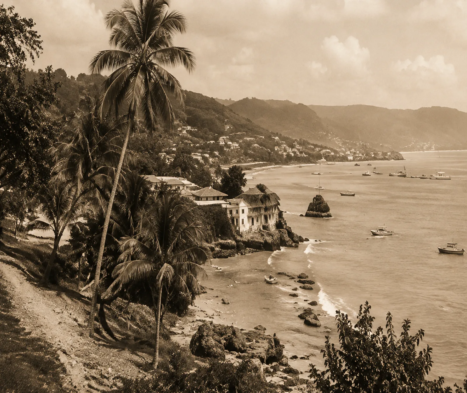 A historic sepia photograph of the Jamaican coastline