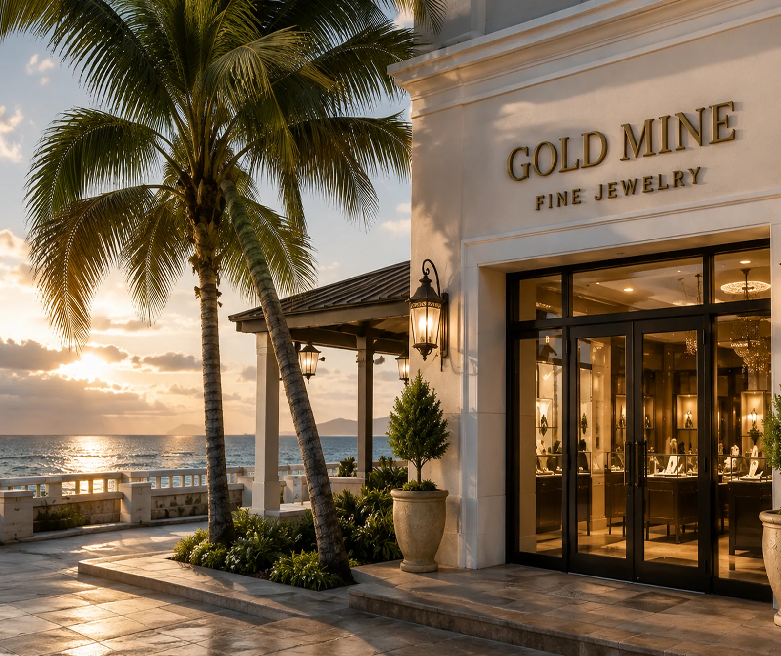 The Gold Mine Fine Jewelry boutique at dusk, framed by palm trees