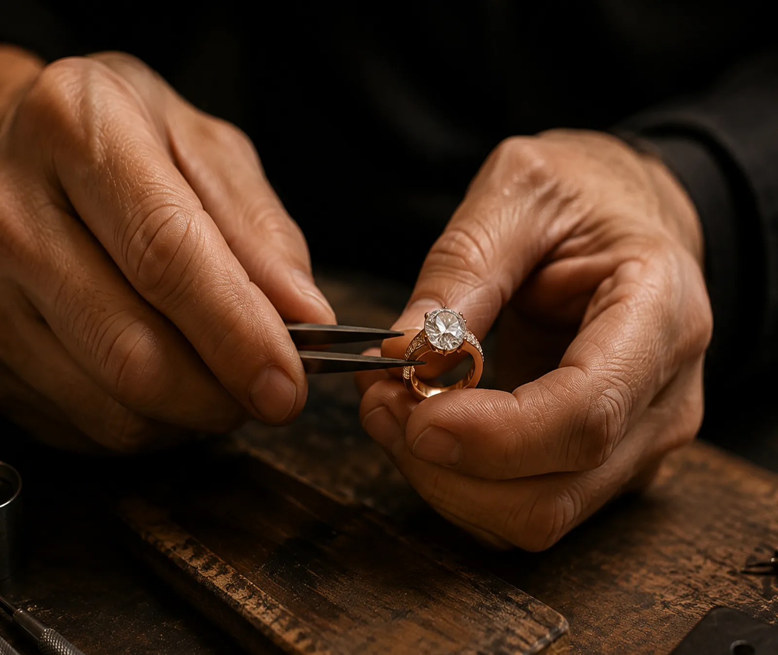 A jeweller inspecting a diamond ring with tweezers